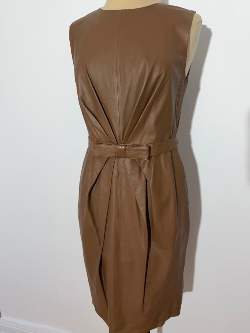 Robert Rodriguez Caramel Brown Sleeveless Belted Leather Dress